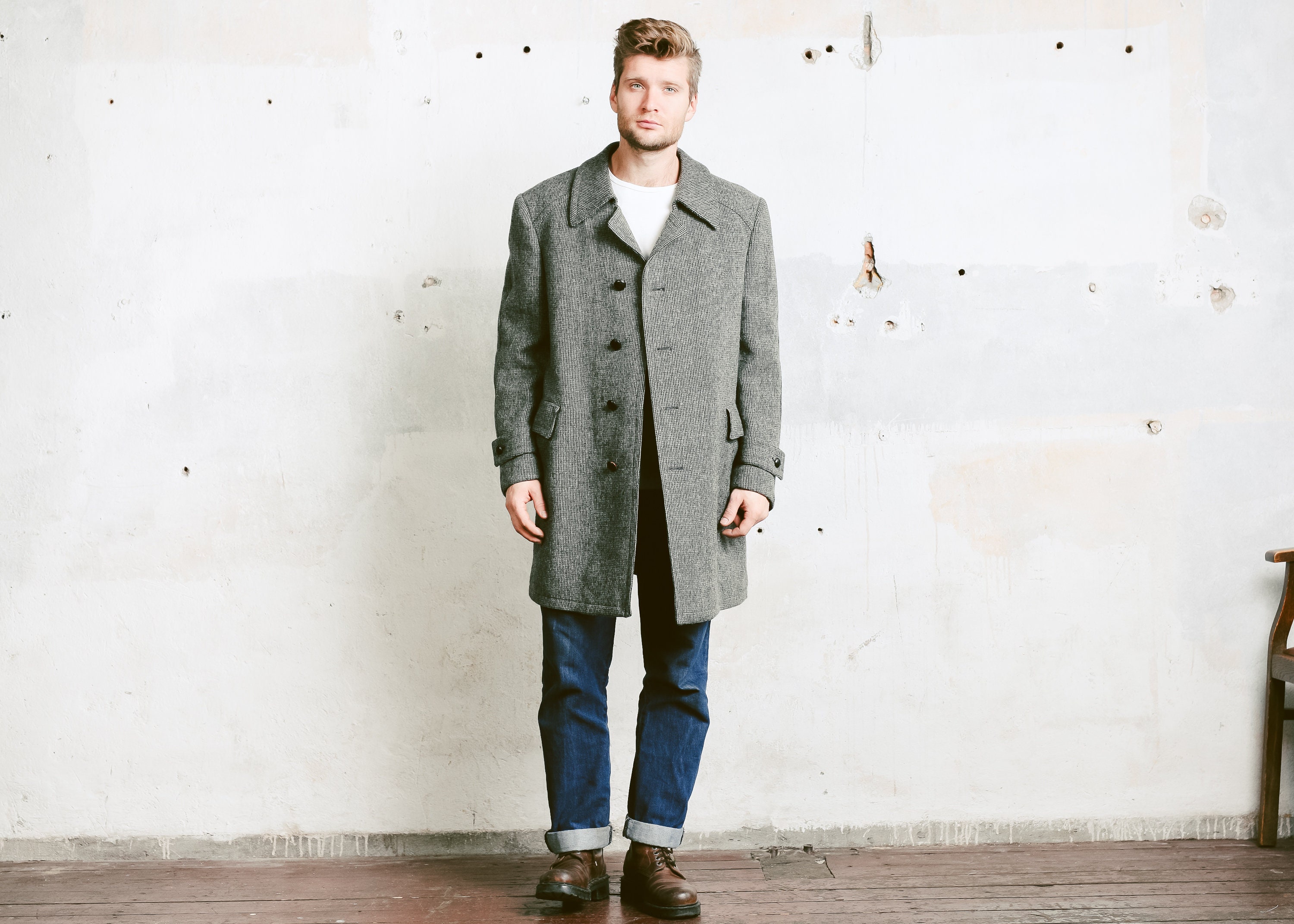 Grey Houndstooth Tweed Overcoat . Men Winter Wool Coat Men's Vintage ...