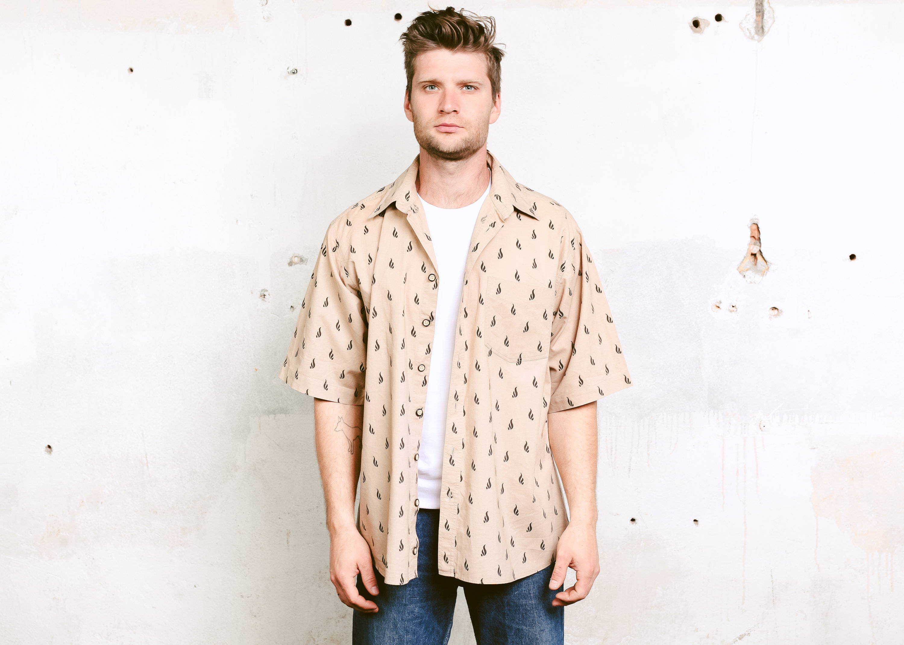 Beige Patterned Men Shirt . Vintage 90 Summer Shirt Brown Shirt Printed Button Down Short Sleeve