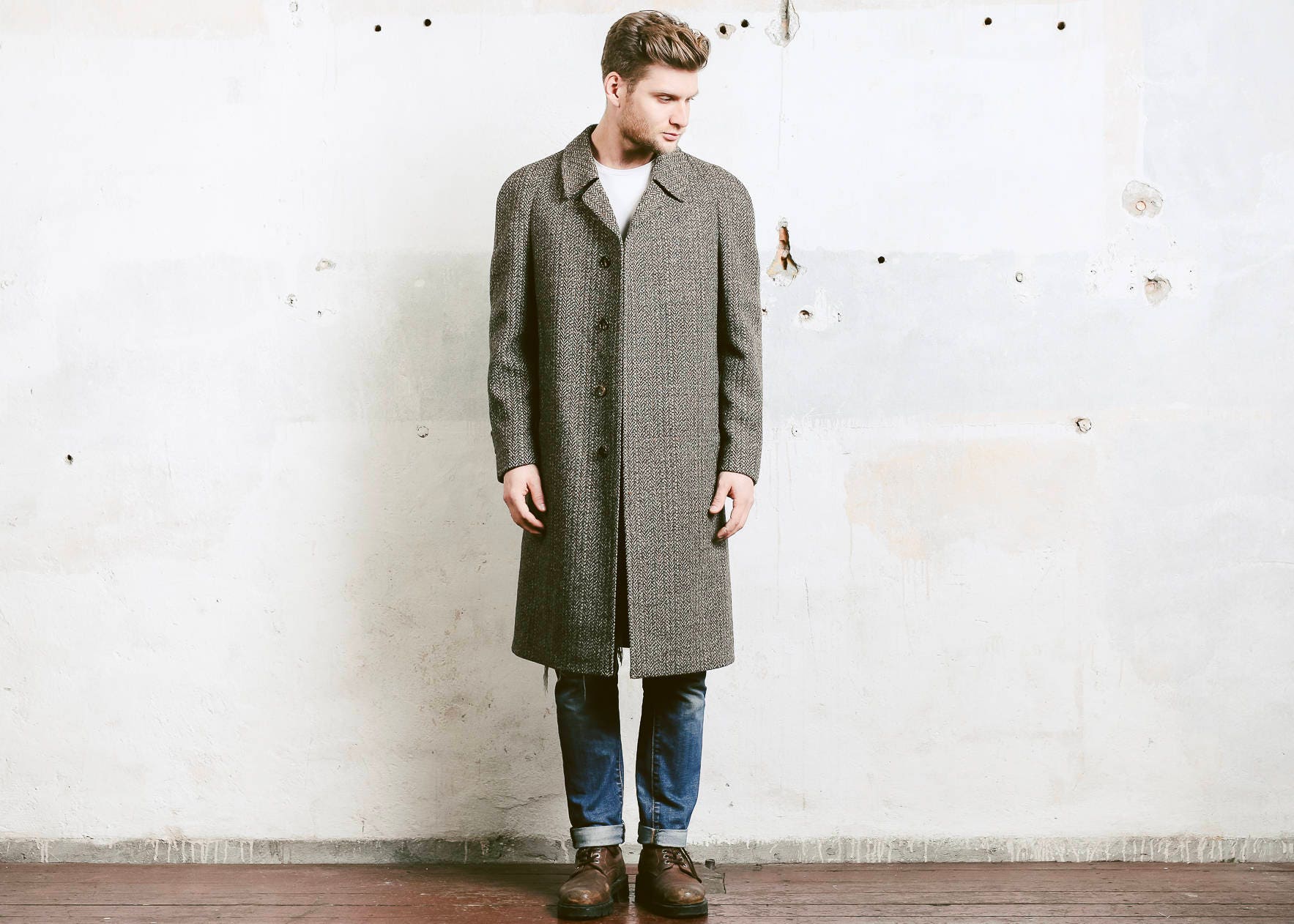 Winter Coat . Men's Wool Overcoat Vintage Brown Herringbone Tweed Coat ...