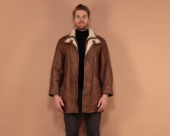 Vintage 90s Shearling Coat: Men's Lambskin Leather Jacket, Size L