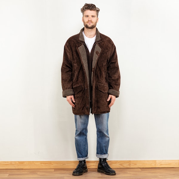 Men Suede Coat sherpa 90's vintage brown genuine suede faux shearling casual boho western vintage clothing fashion size extra large XL