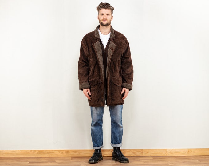 Men Suede Coat sherpa 90's vintage brown genuine suede faux shearling casual boho western vintage clothing fashion size extra large XL