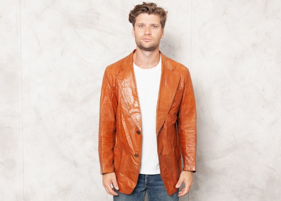 Vintage 70s Leather Blazer Jacket Mens Orange Brow