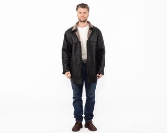 Vintage Black Leather Sheepskin Coat: Metal Zipper, Fur Collar