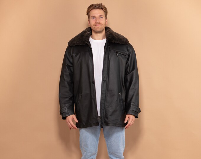 Insulated Leather Jacket, 90s, Size Extra Large, Vintage Men Shearling Lined Jacket, Black Short Coat, Western Jacket, Zip Up Coat,