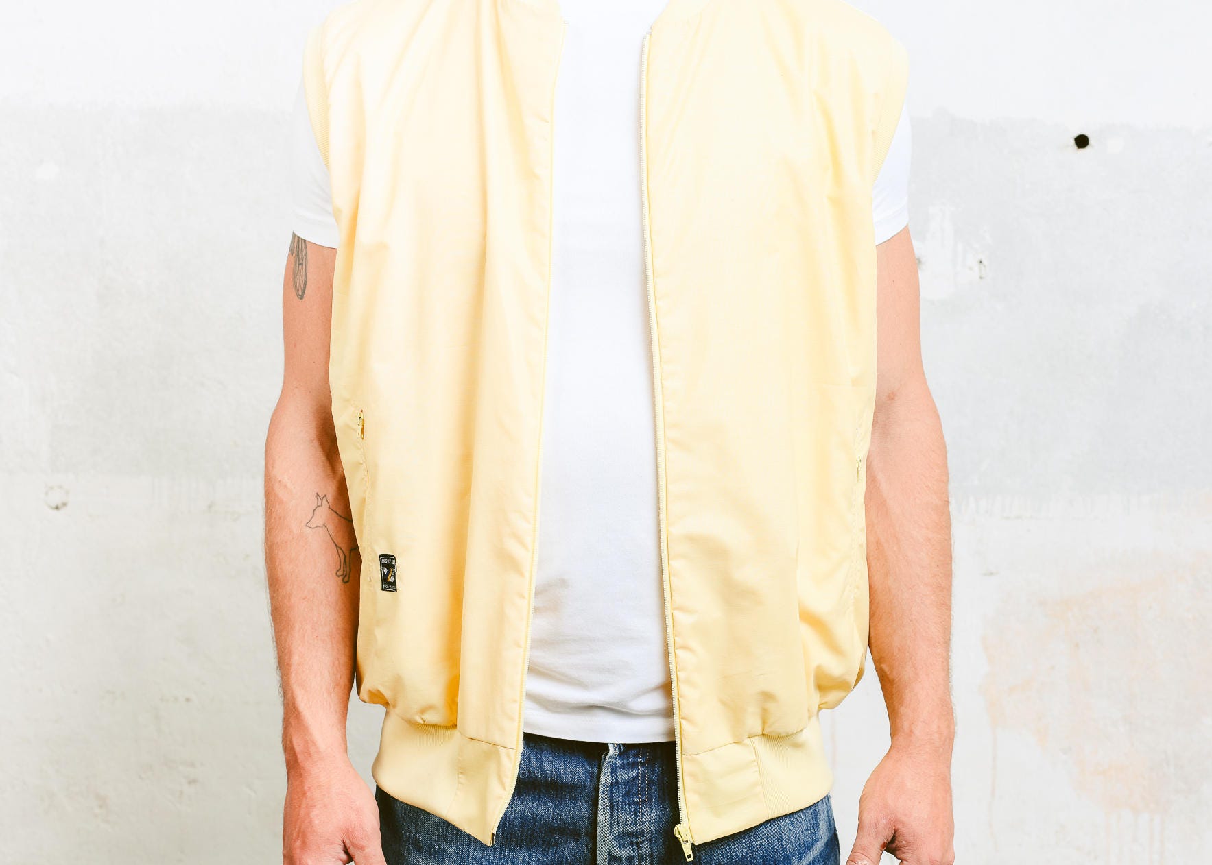 Vintage Men's Gilet Vest . Yellow Sleeveless Puffer Jacket Shell Jacket