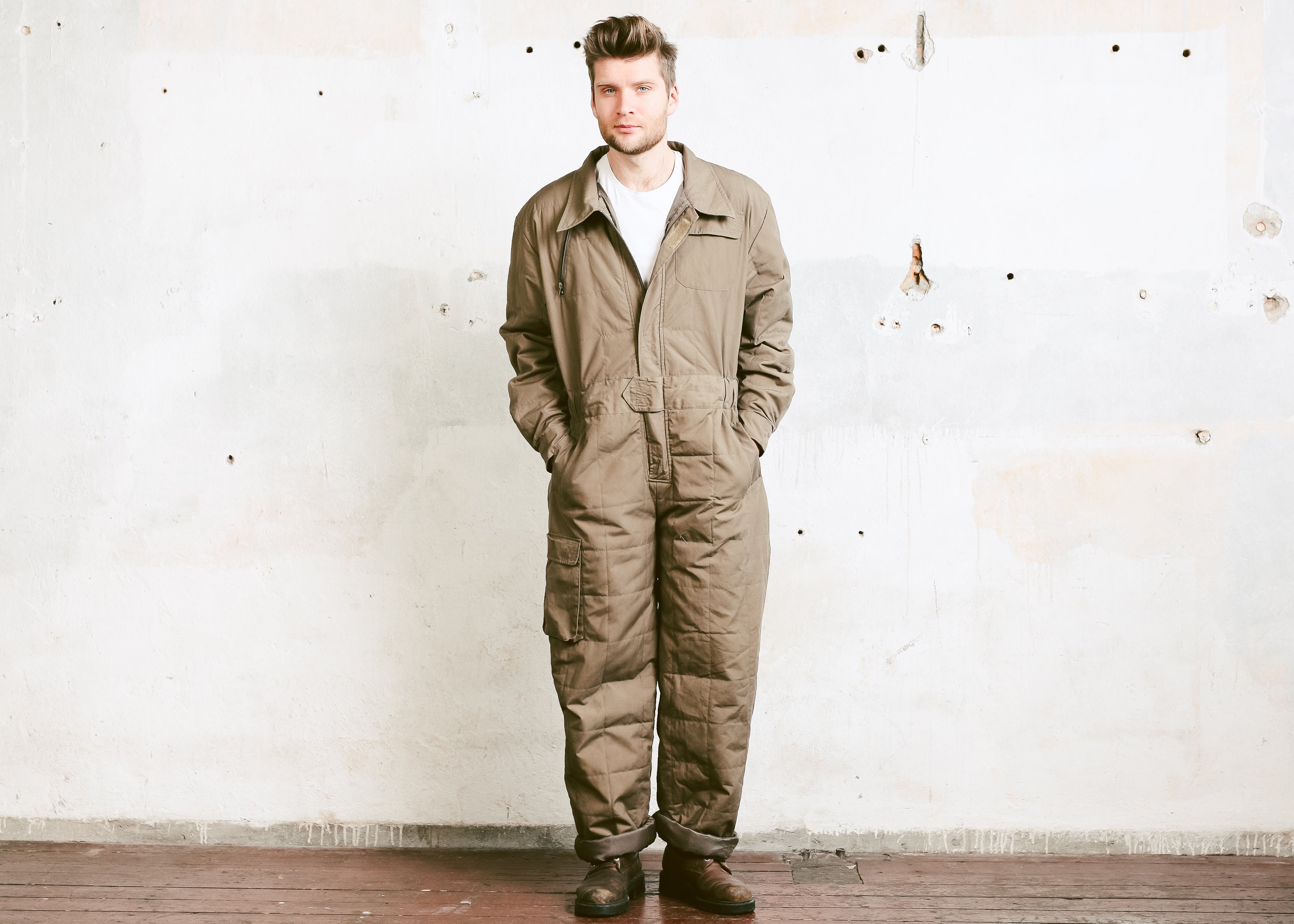 Men's Military Jumpsuit . Khaki Green Military Vintage 1980s Garage Car