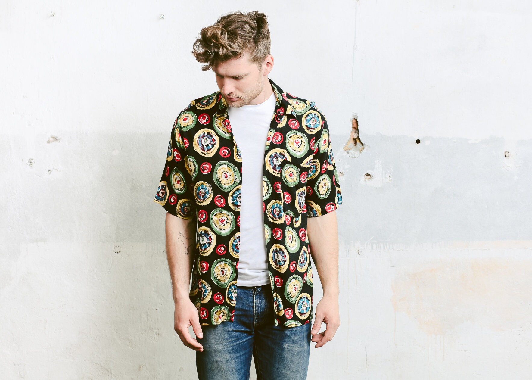 Men Summer Patterned Shirt . Vintage 90s Bold Summer Shirt Button Down