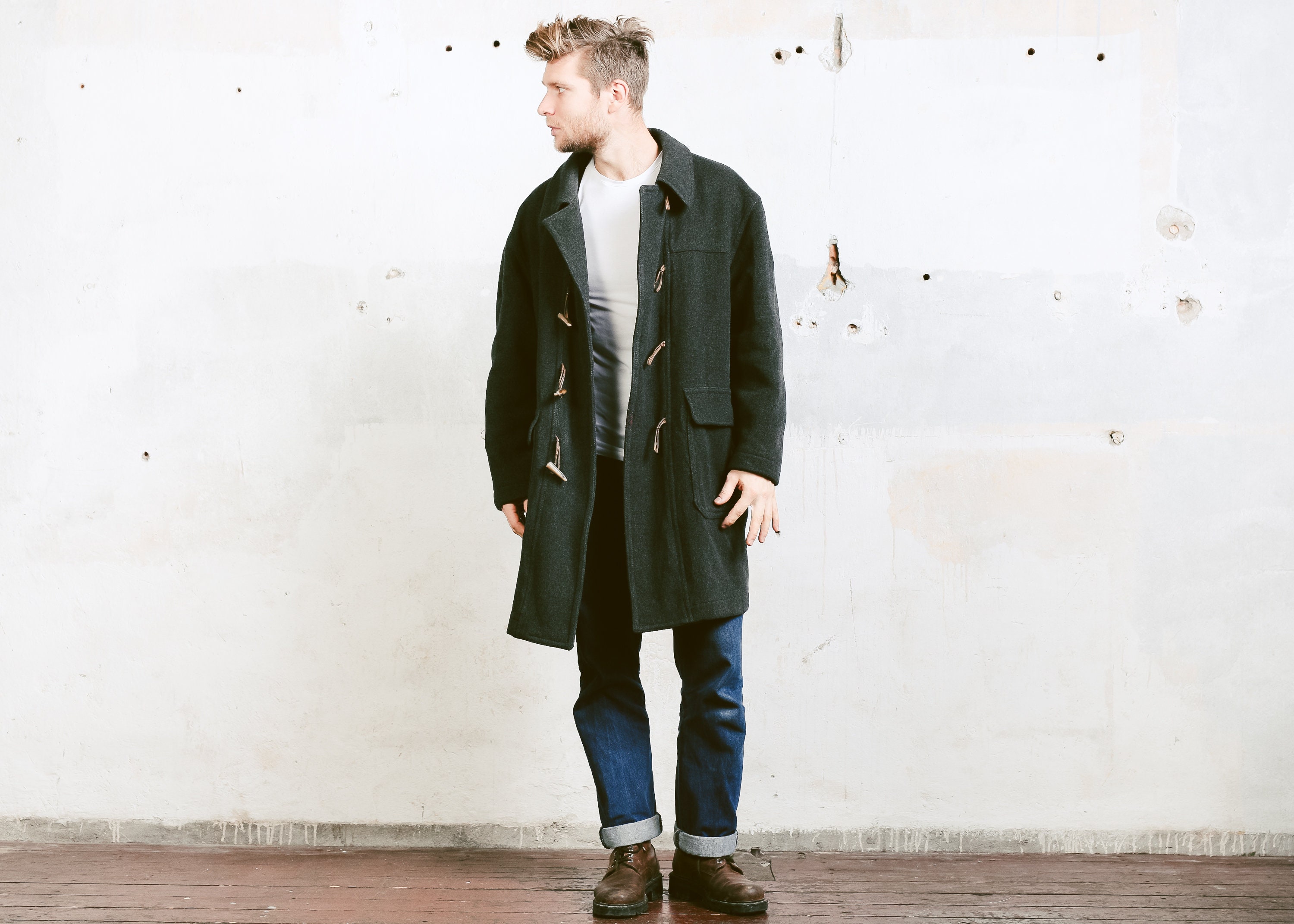 Grey Wool Duffle Coat . Hooded Coat Grey Men's Vintage 1990s Long