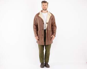 70s Vintage Brown Sheepskin Shearling Coat, Men's Size XL