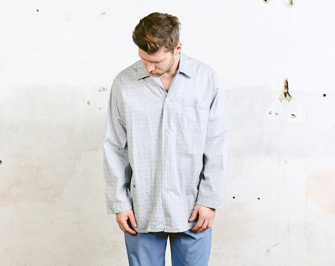 Gray Pajama Shirt . Vintage Men 1990s Grey Cotton Shirt Patterned Top Pyjama PJs Top Night Shirt . size Extra Large XL