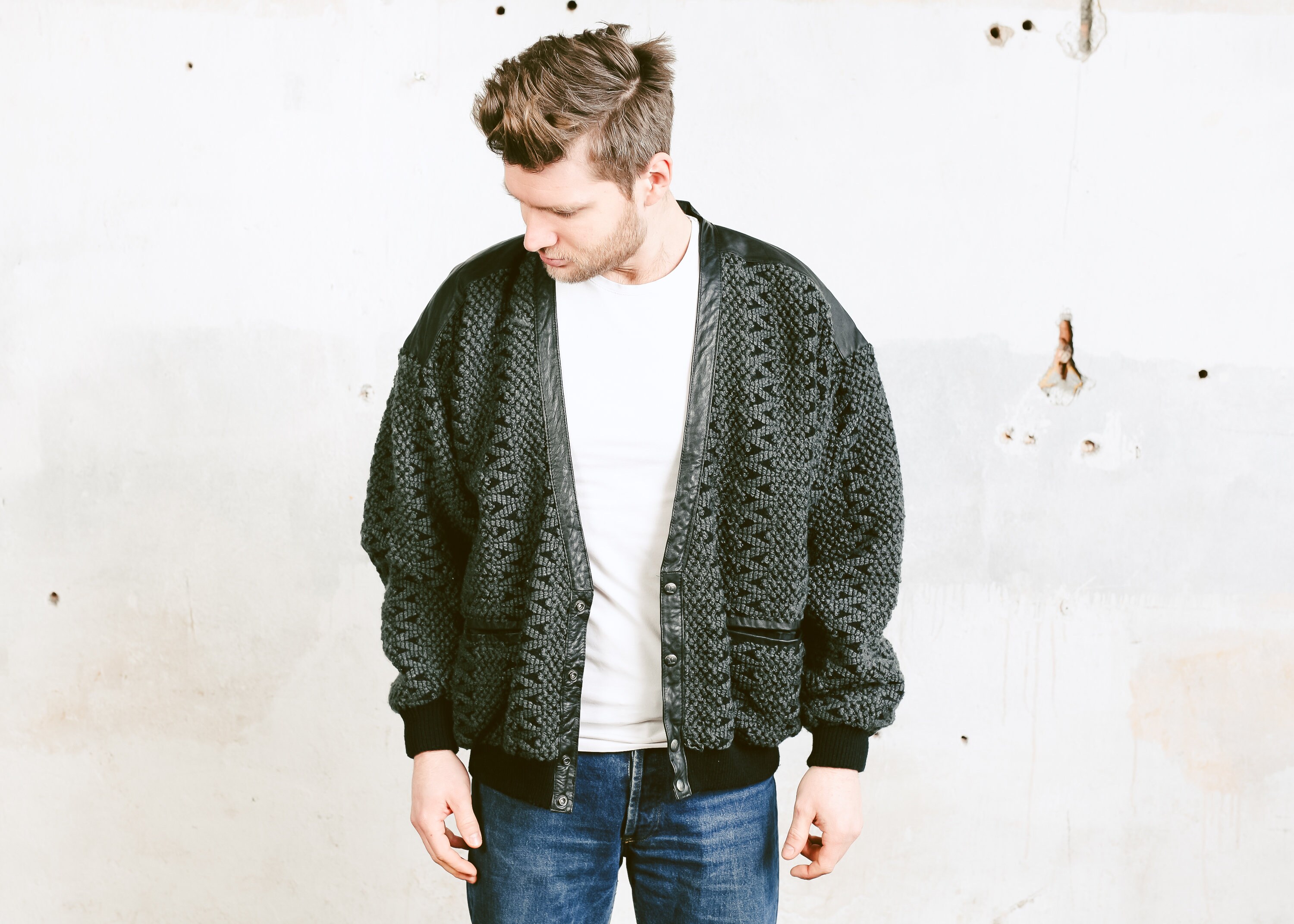 Grey Vintage Men Cardigan . 90 Knit Bomber Jacket Rockabilly Cardigan  Monochrome Retro Hipster Sweater Button Up Sweater. size Large L