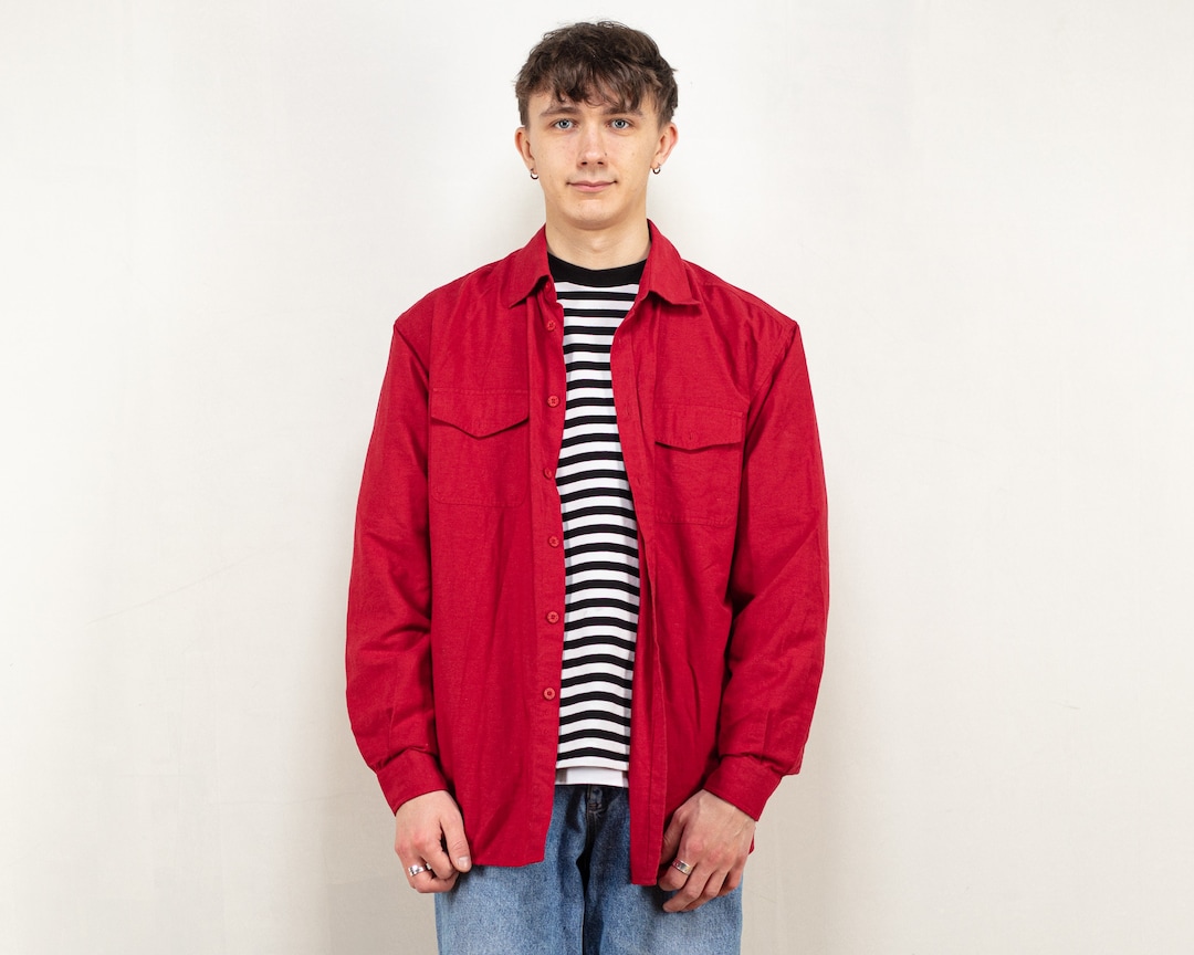 Men Linen Shirt 90s Vintage Red Linen Shirt Button up Men Outerwear
