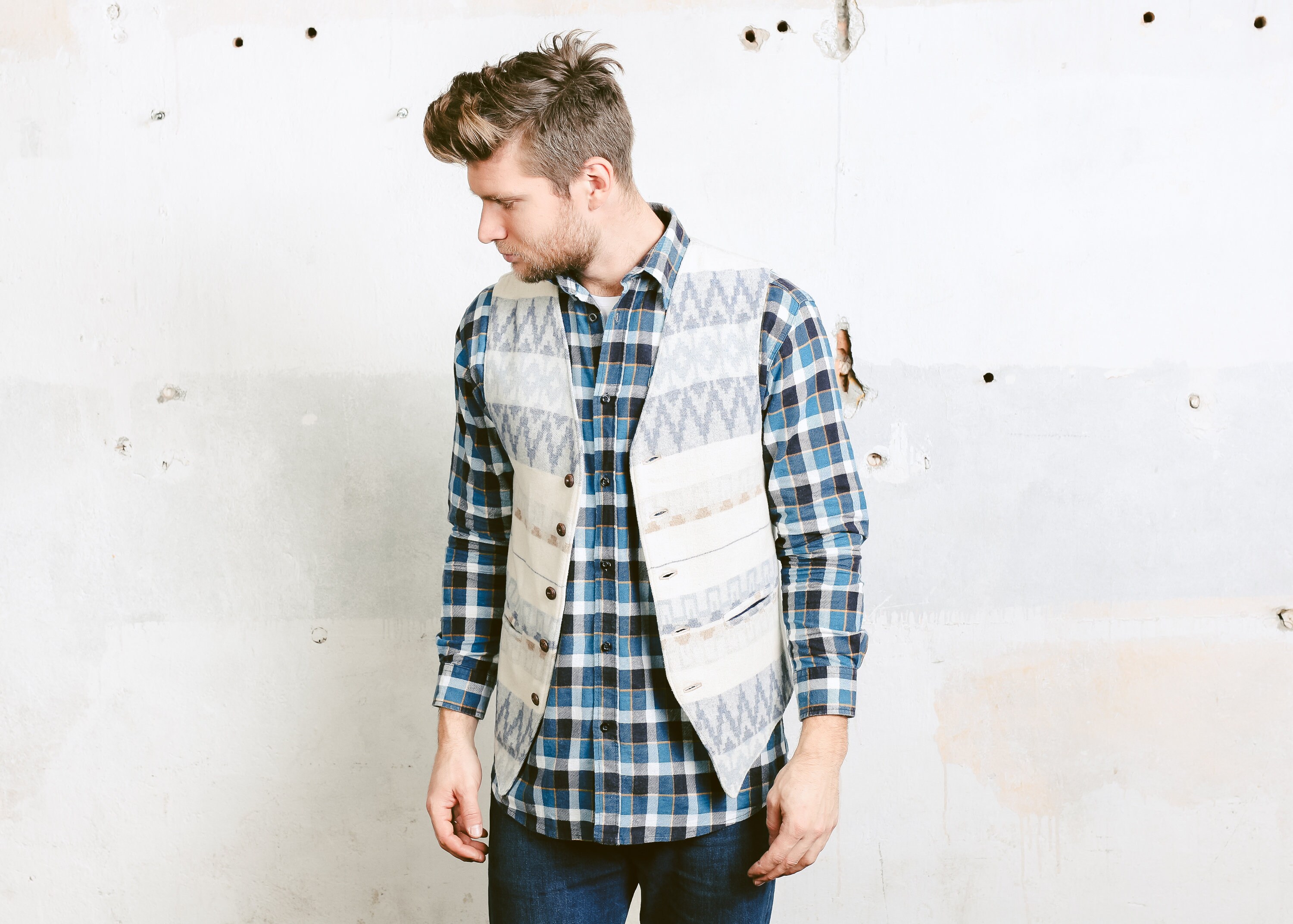 Men's Peruvian Vest . Vintage Aztec Woven Vest Waistcoat Blue Striped