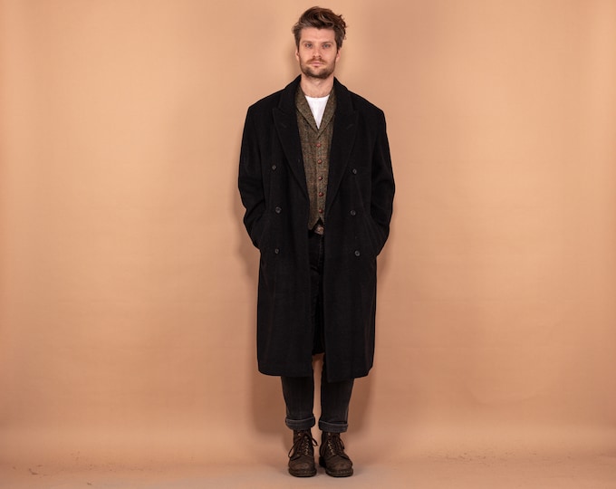 Longline Wool Blend Coat 80's, Size XL, Men Minimalist Coat, Dark Gray Wool Overcoat, Vintage Double Breasted Oversized Coat, Outerwear