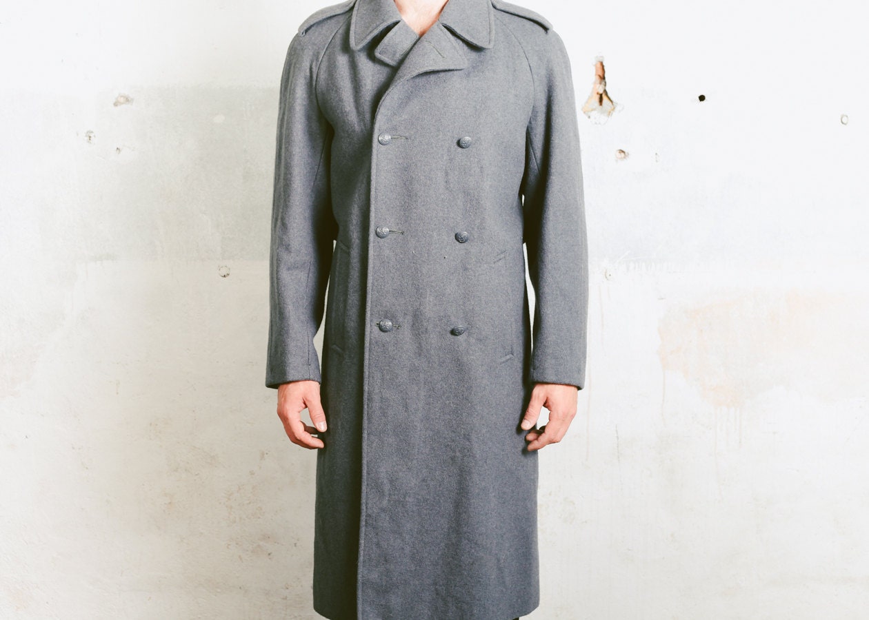 Mens Wool Coat . 1970s MILITARY GREATCOAT Swedish Grey Overcoat Army ...