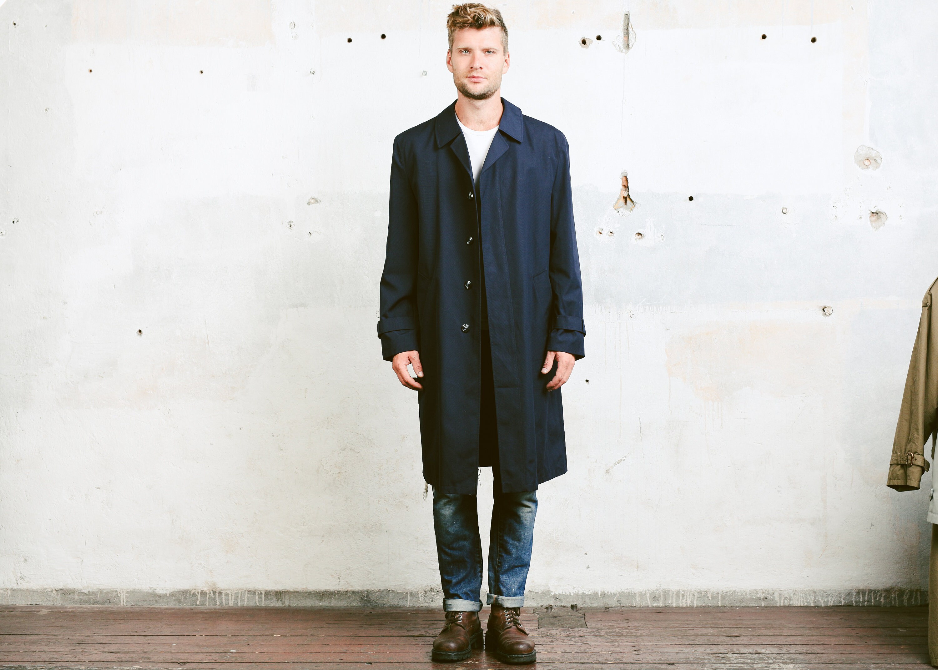 Mens Blue Vintage Coat . 80s Oversized Duster Coat Lightweight Coat ...