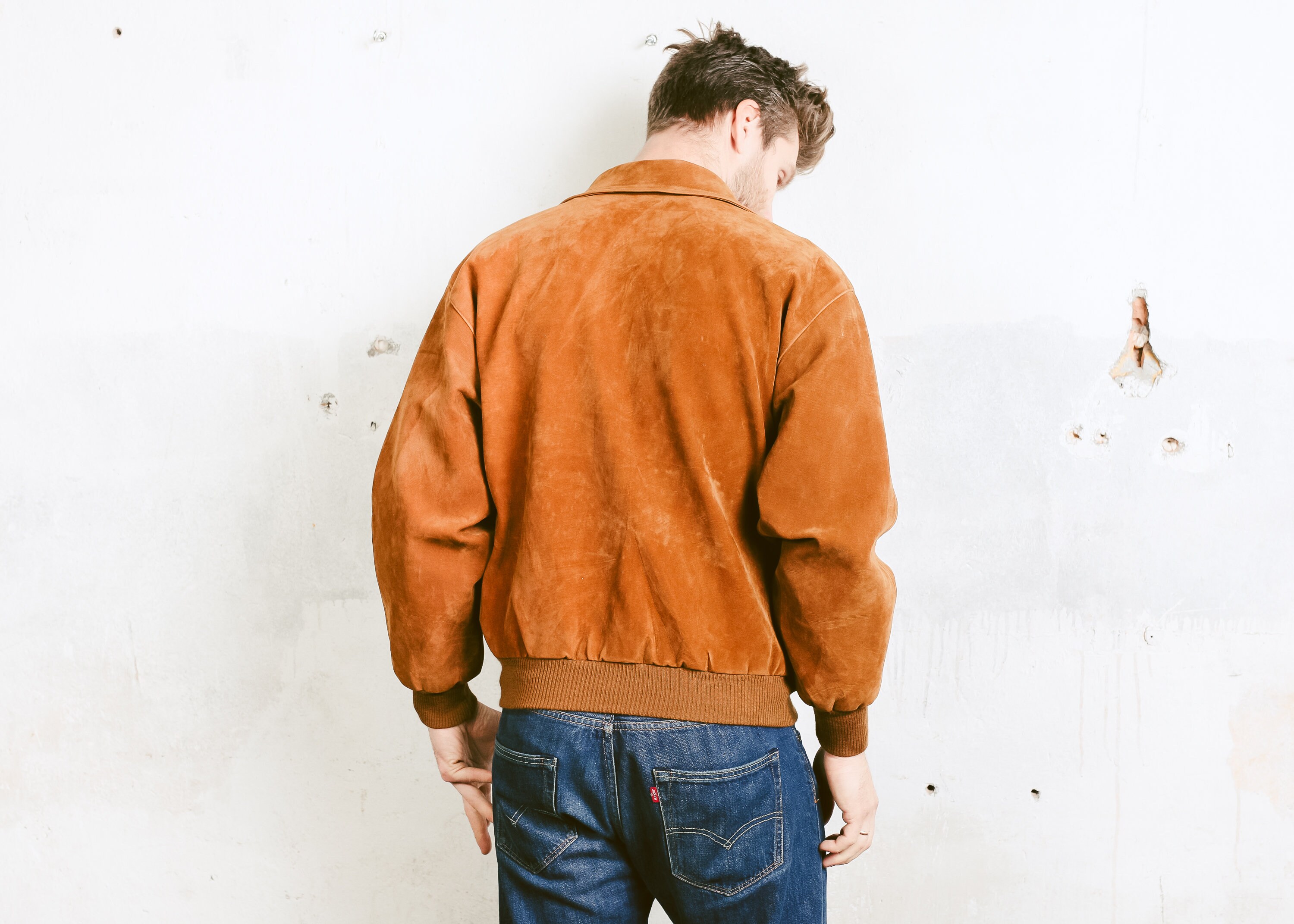 Faux Suede Bomber Jacket . Men's Vintage Brown Lightweight Jacket 1990s ...