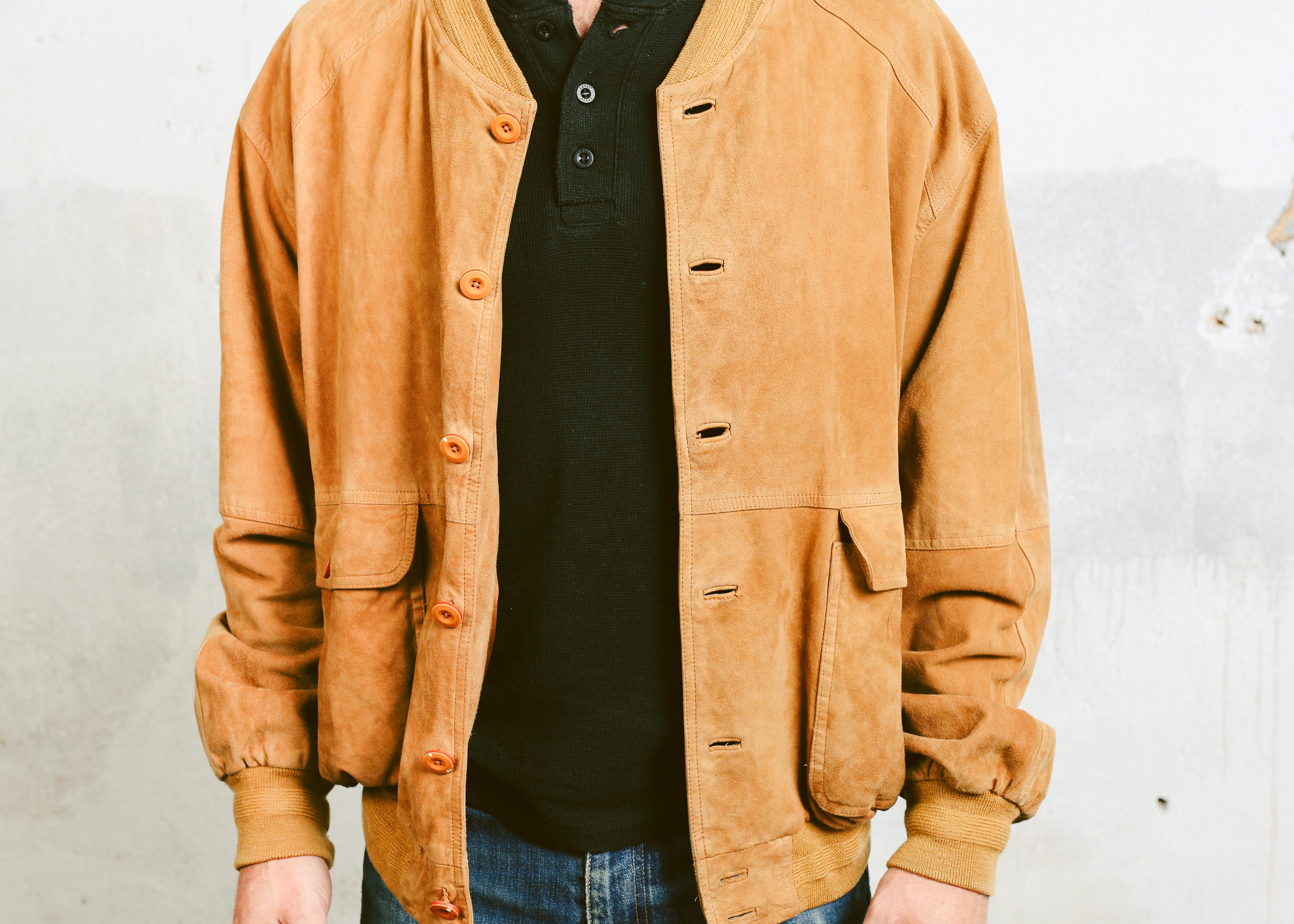 Vintage Unisex Suede Bomber Jacket . Mens 80s Brown Jacket Coat