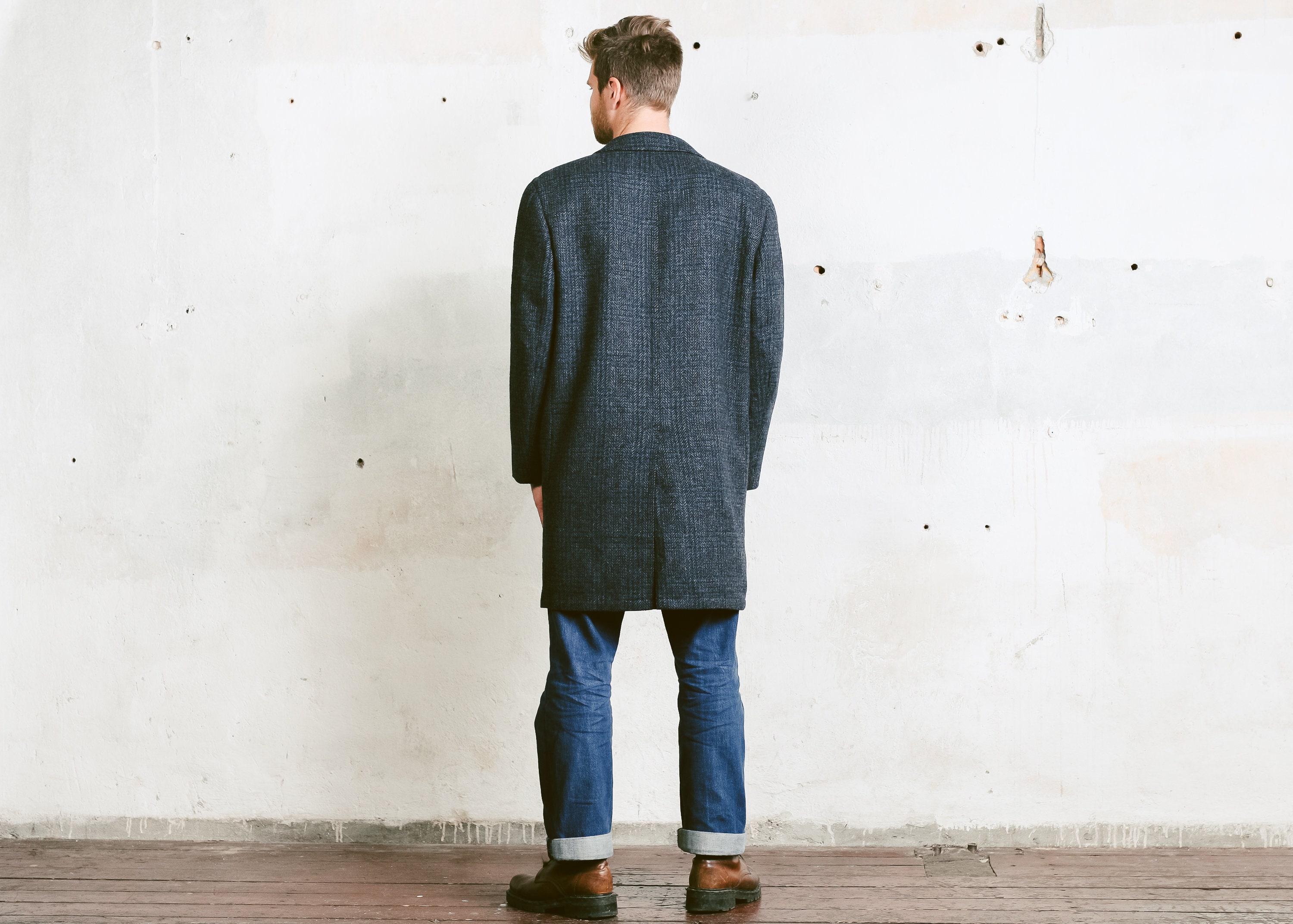 Men PEEK CLOPPENBURG Winter Coat . Vintage 90s Wool Overcoat Blue Grey ...