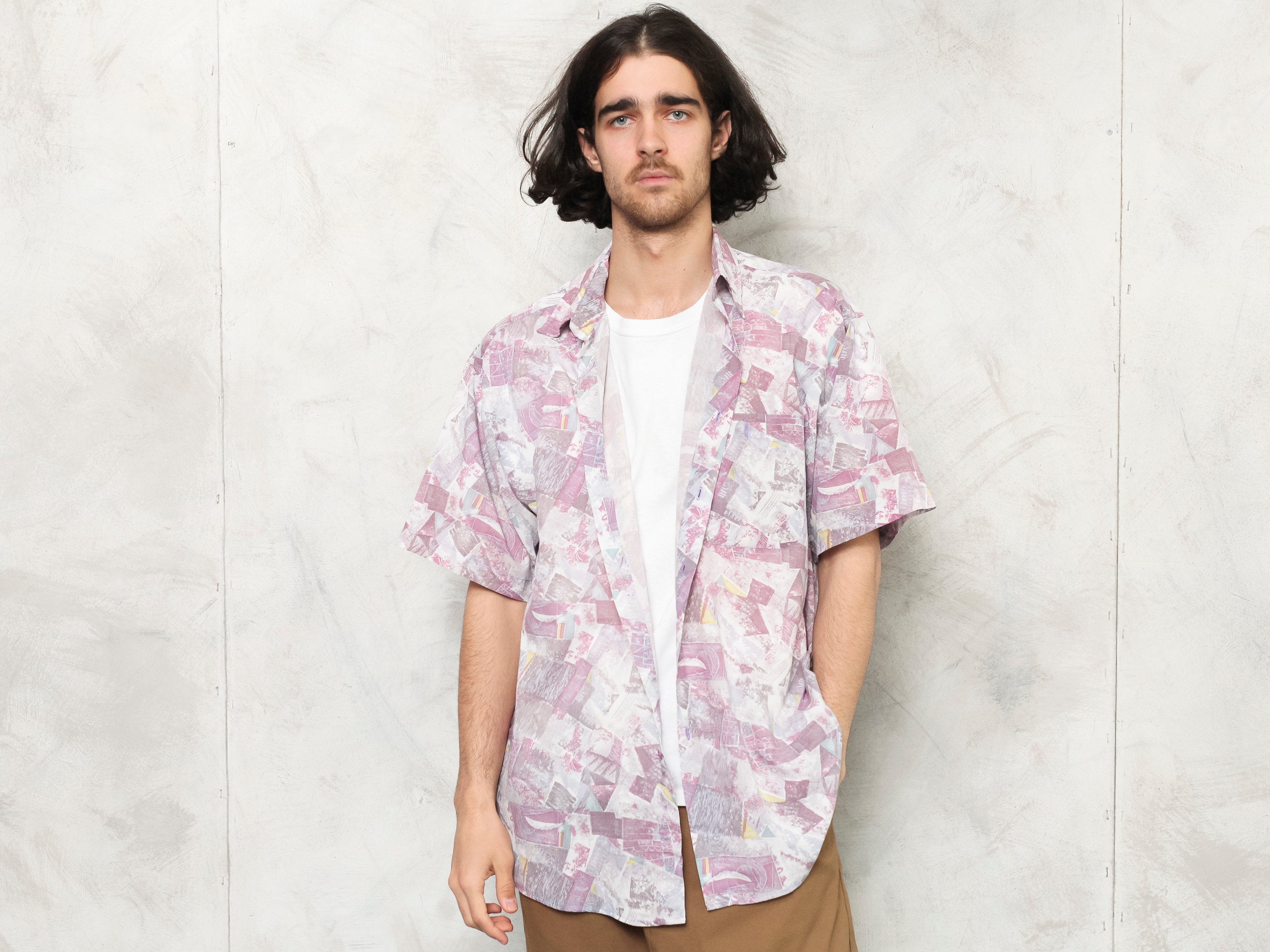 Purple Men Shirt boho vintage 80s 