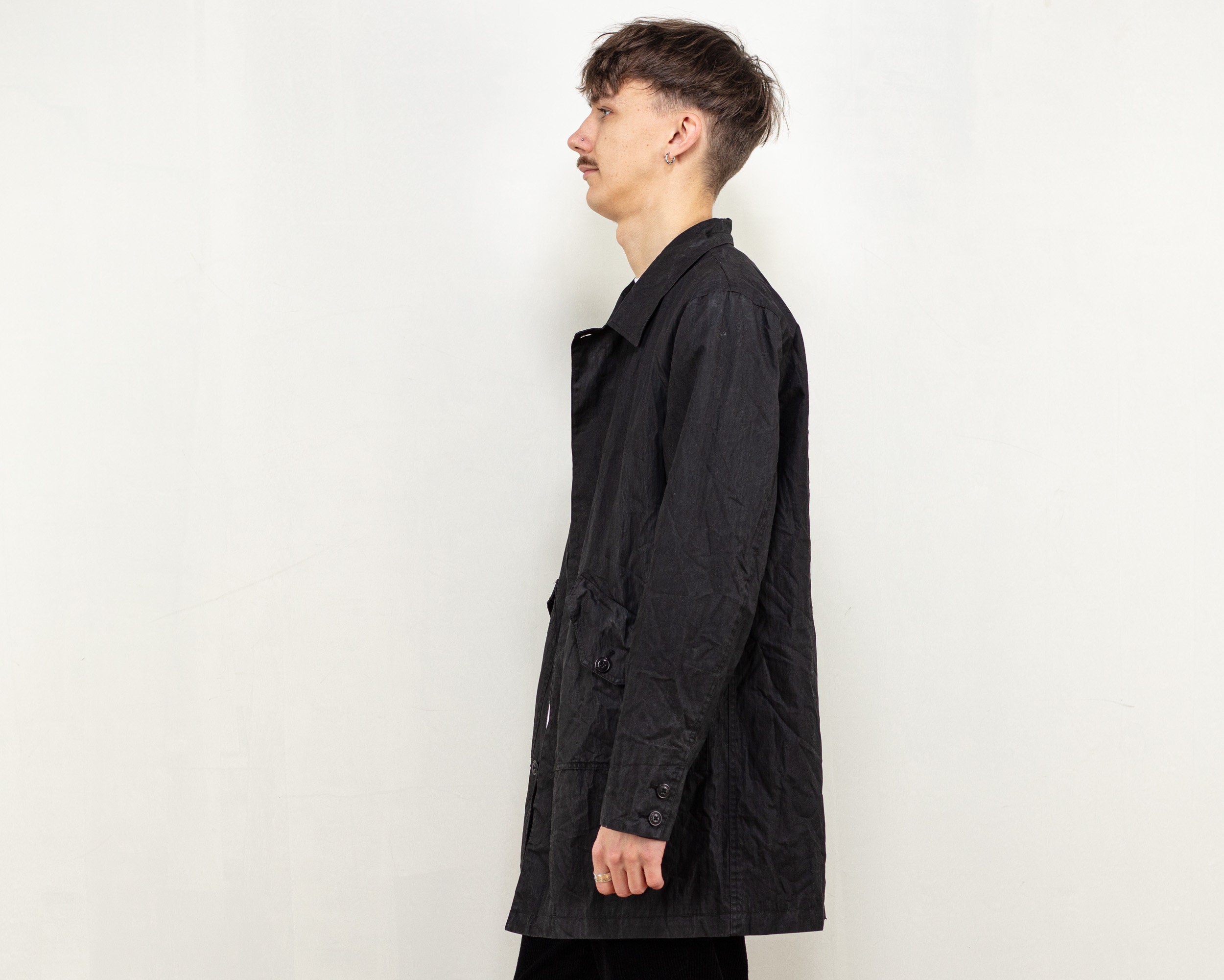 Wingshorns Trench Coat Men Vintage 00's Black Waxed Cotton Wingshorns Trench Coat Men Vintage 00's Black Waxed Cotton