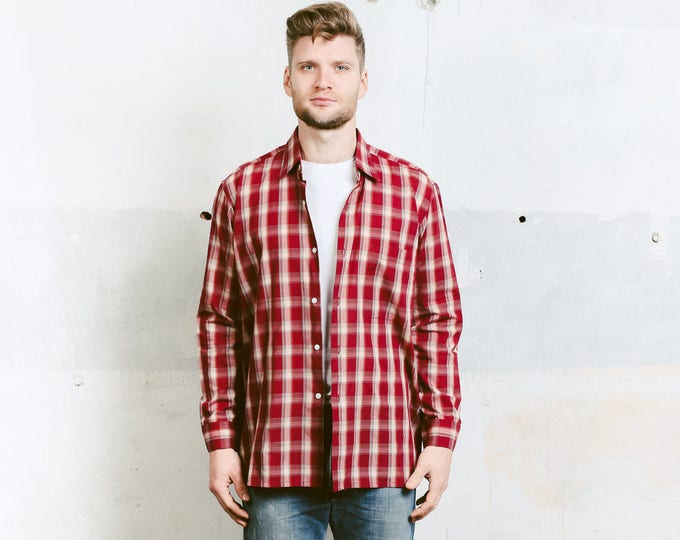 Vintage Plaid Shirt . Mens Check Print 90s Grunge Shirt Red Lumberjack Jacket Hispter Boyfriend Gift . size Large