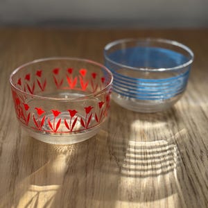 1980s Glass Bowls – Red Tulip & Blue Stripe – Retro Nesting Pair