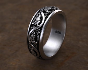 Slavic Silver Bird Ring, Silver Wedding Band Ring, Nordic Jewelry, Scandinavian Wedding Band, Mythology Ring, Valentine&#39;s Day Gift for Her
