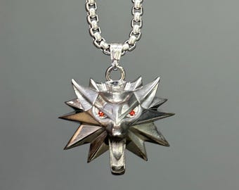 925 Sterling Silber Wolf Schule Emblem Halskette mit Edelstein Augen, Geralt von Rivia Anhänger, Fantasy RPG Schmuck für Gamer & Fans, Geschenk Ihn