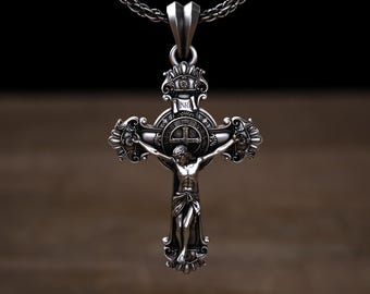 Gothic Crucifix Cross Necklace Silver,  Silver Jewelry Cross of Jesus Religious Catholic Gift Cross Pendant St Benedict, Large Metal Cross