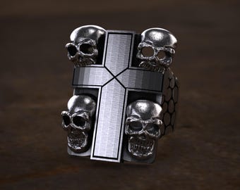 925 Sterling Silver Skull Cross Ring For Men, Biker Gothic Punk Style Bold Statement Ring With Hammered Skulls And Engraved Metal Cross