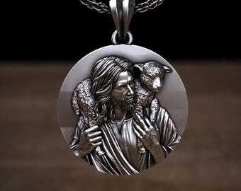 Jesus Shepherd Men Necklace 925 Sterling Silver, Christian Faith Pendant, Religious Jewelry Gift, Handmade Shepherd Cross Necklace for Him