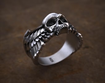 Skull Ring, 925 Solid Sterling Silver, Angel Wings Ring, Heavy Metal Biker Jewelry, Gothic Viking Pagan Style Ring for Men, Bold Statement