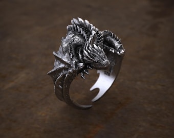 Winged Dragon Handmade Ring For Men Sterling Silver Mythical Signet Band Unique Adjustable Jewelry Cool Gift For Him Fantasy Viking Style