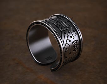 Circuit Board Silver Ring, 925 Sterling Silver Tech Inspired Band, Geek Jewelry for Men and Women, Unique Technology Design Ring
