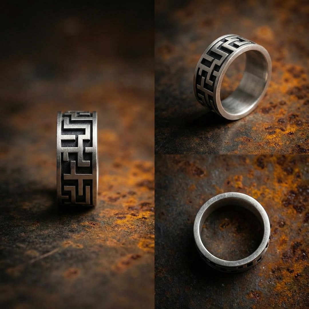 Labyrint Ringe Pakning 925 Sterling Silver Labyrinth Ring for Men, Geometric Maze Band ...
