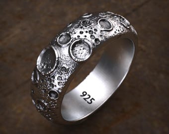 Moon Crater Ring 925 Sterling Silver Handmade Lunar Surface Band Jewelry For Men, Cosmic Space Inspired Ring Gift, Unique Minimalist Design