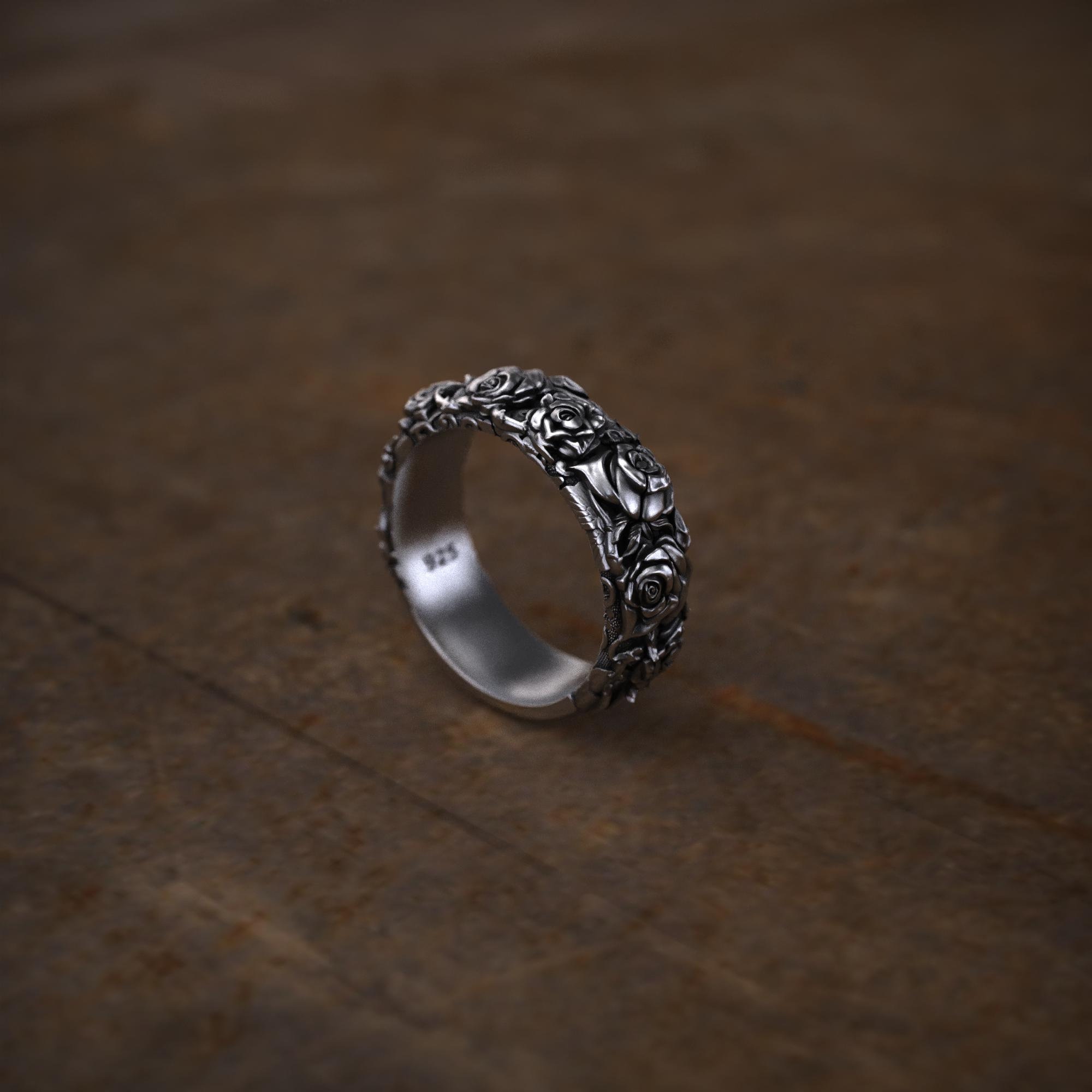 Japanese Lotus Flower Ring, Kanji Ornamental Wedding Men's Band Ring, Sterling Silver Handmade Jewelry, Traditional Ring, Zen-Inspired Ring