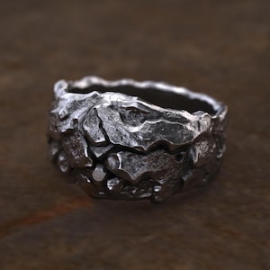 Chunky Viking Ring with Rough Stone Texture, Rugged Mountain Silver Ring for Men, Brutalist Style Cool Engagement or Statement Ring