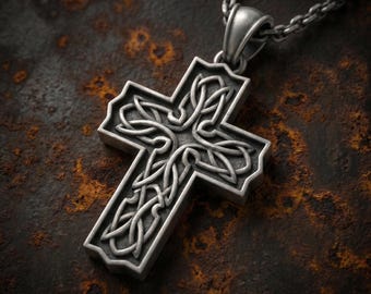 May include: A silver pendant necklace with a Celtic cross design. The cross features detailed knotwork patterns and is suspended from a matching chain. The background is a textured, rusty brown surface.