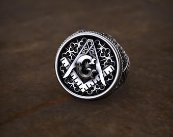 Unique Freemason Masonic Signet Ring, 925 Sterling Silver Master Mason Ring For Men, Oxidized Masonry Jewelry, Personalized Masonic Gift