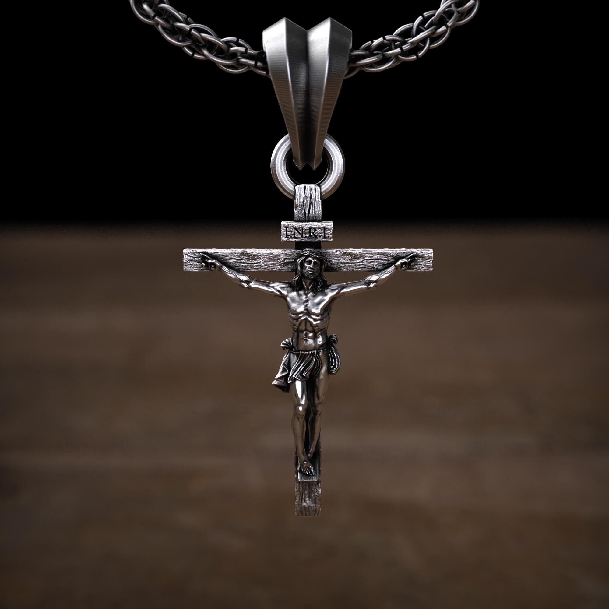 Handmade Silver Jesus Cross Necklace, 3D Crucifix Pendant for Men, Engraved Religious Charm, Christian Savior Jewelry, Memorial Gift for him