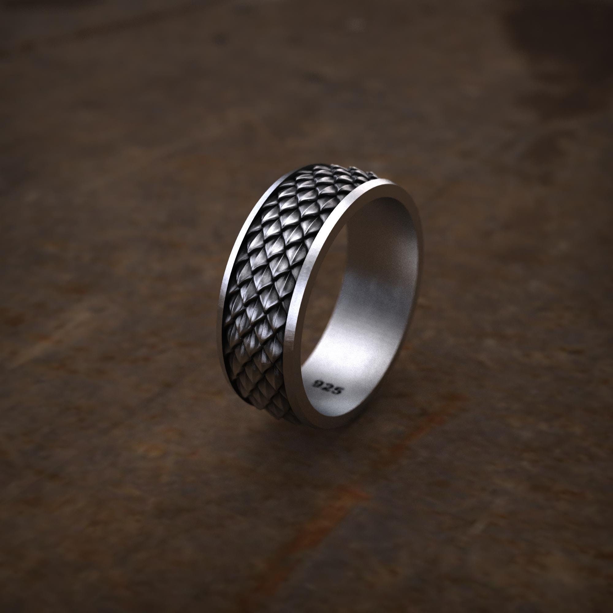 Dragon Scale 925 Oxid Silver Ring for Men, Unique Biker Wedding Band, Engraved Mythical Dragon Ring for Husband, Dad,Boyfriend, Gift for Him