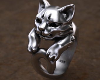 Verstellbarer Katzenring aus 925er Sterlingsilber, handgefertigter Kitty-Schmuck, einzigartiges Tierdesign, süßes Geschenk für Katzenliebhaber, Frauen- und Mädchengeschenke