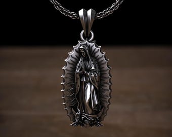 Silver Virgin Mary Guadalupe Necklace for Men, Holy Mother Medallion, Our Lady of Guadalupe Pendant, Catholic Silver Charm, Religious Gift