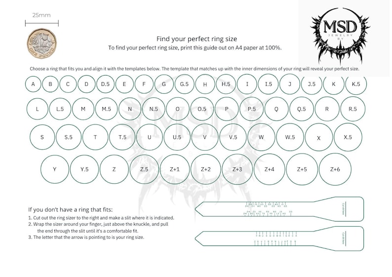 May include: Ring size guide with various ring sizes labeled A through Z+6. Includes instructions and a ring sizer tool. A 25mm coin is shown for scale. The MSD Jewelry logo is in the upper right corner.