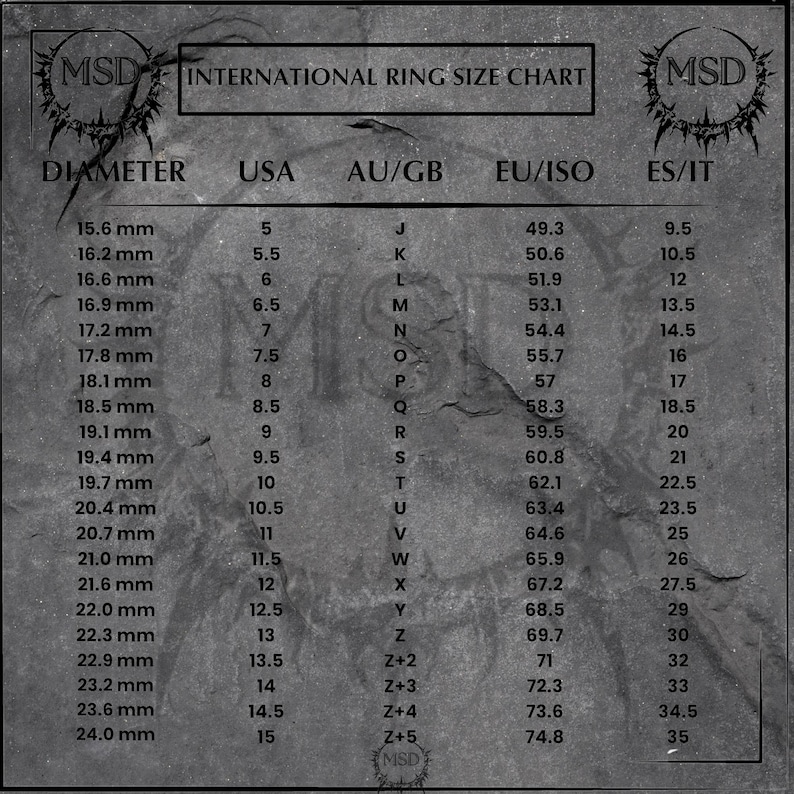 May include: A grayscale ring size chart with the text "INTERNATIONAL RING SIZE CHART" and measurements in millimeters, USA, AU/GB, EU/ISO, and ES/IT. The chart includes ring diameters from 15.6 mm to 24.0 mm, with corresponding sizes.