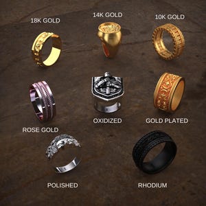 May include: A collection of rings in various styles and finishes. The rings include 18K gold, 14K gold, 10K gold, rose gold, oxidized, gold plated, polished, and rhodium. The rings have different designs, including engraved patterns and a coin-like design.