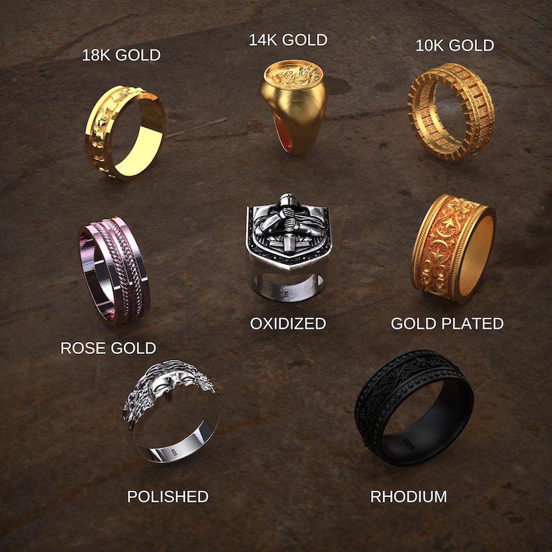 May include: A collection of rings in various styles and finishes. The rings include 18K gold, 14K gold, 10K gold, rose gold, oxidized, gold plated, polished, and rhodium. The rings have different designs, including engraved patterns and a coin-like design.